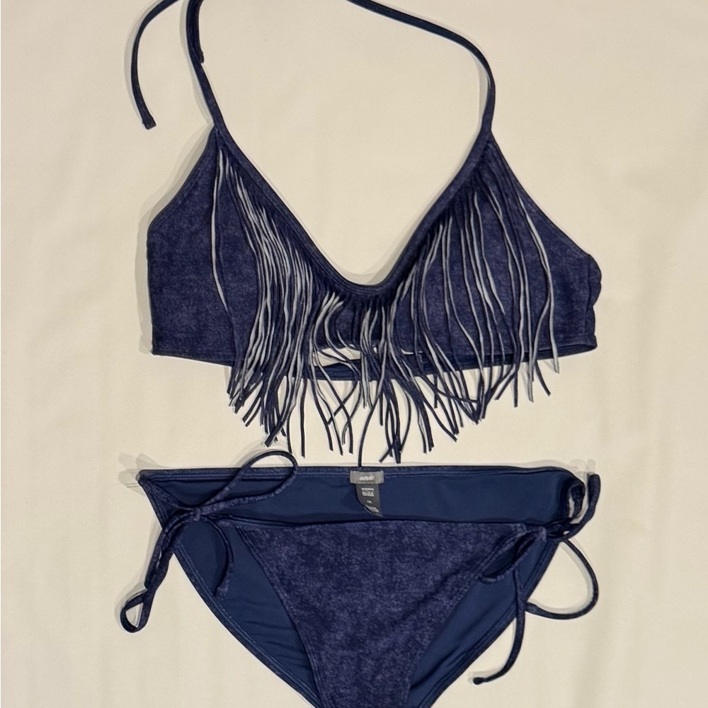 AERIE Stylish Blue Fringe Bikini Set AMERICAN EAGLE Size Large GREAT!